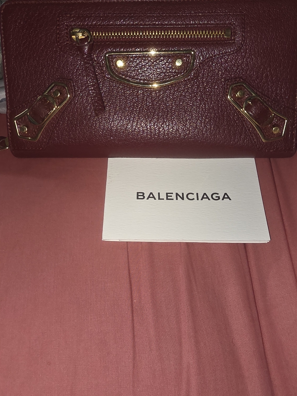 Balenciaga Burgundy Leather Wallet with Gold Hardware